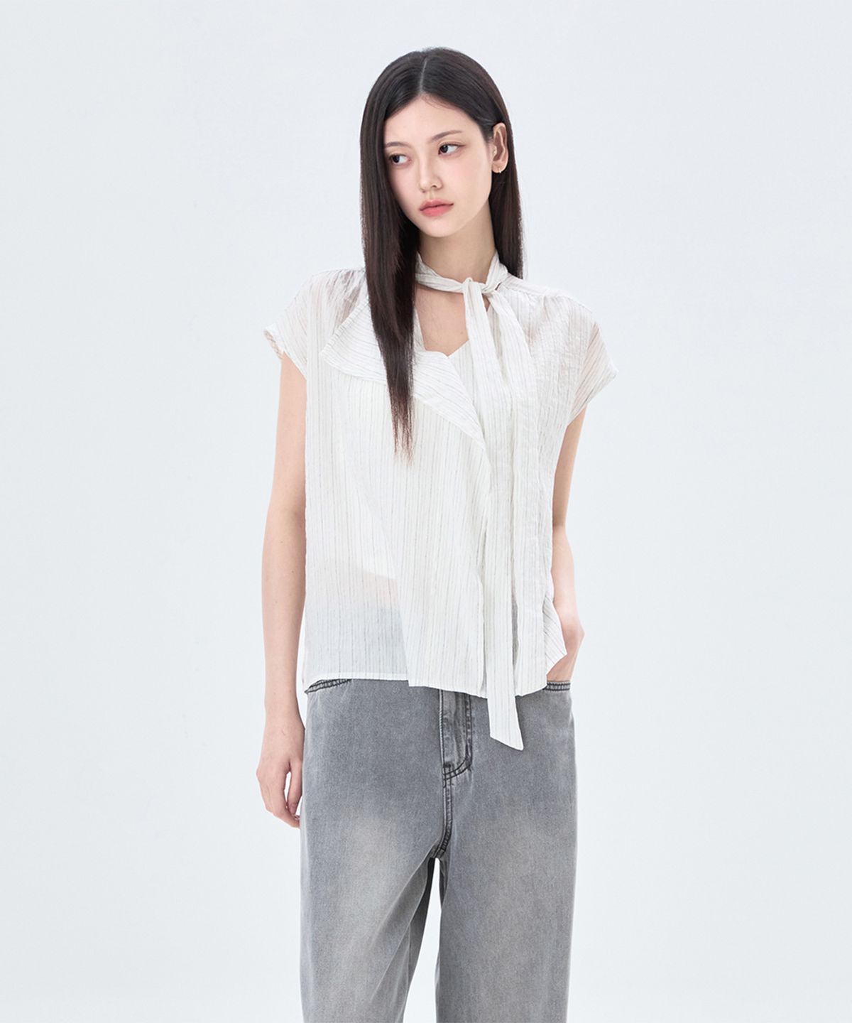 미쏘(MIXXO) 스트라이프 타이 블라우스_MIWBWG91SS