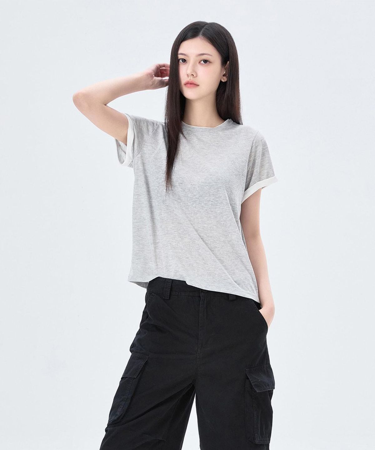 미쏘(MIXXO) 소매 배색 반팔 티셔츠 RE HWG73AS_MIWHWG90AA