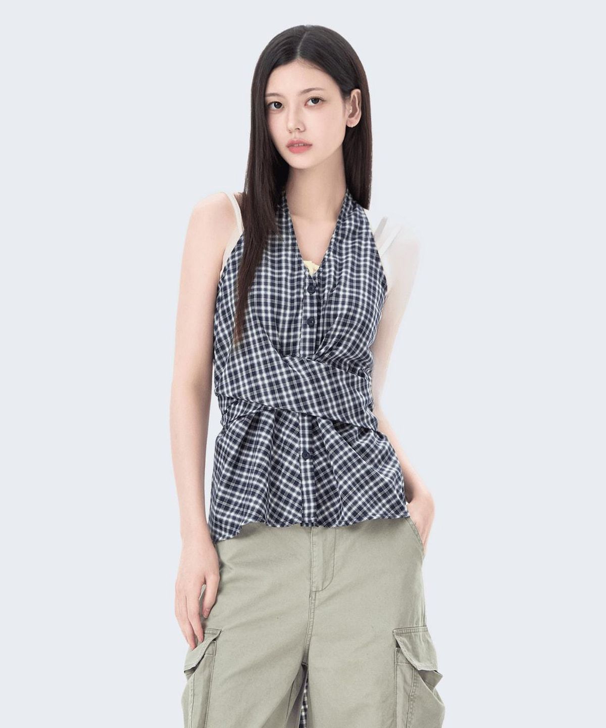 미쏘(MIXXO) 체크 홀터넥 블라우스_MIWBNG93SS