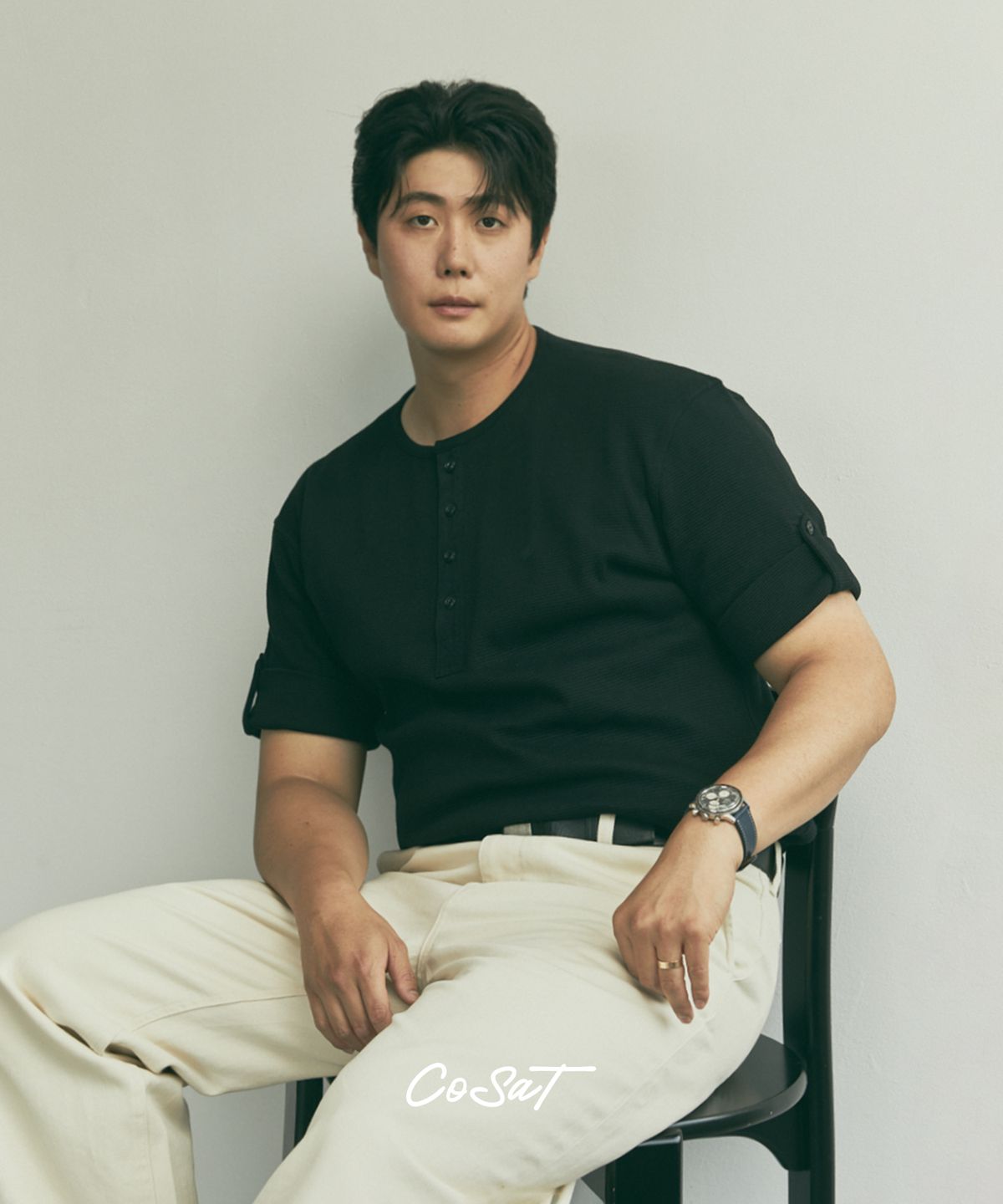코삿(COSAT) 와플 헨리넥 롤업 반팔 티셔츠