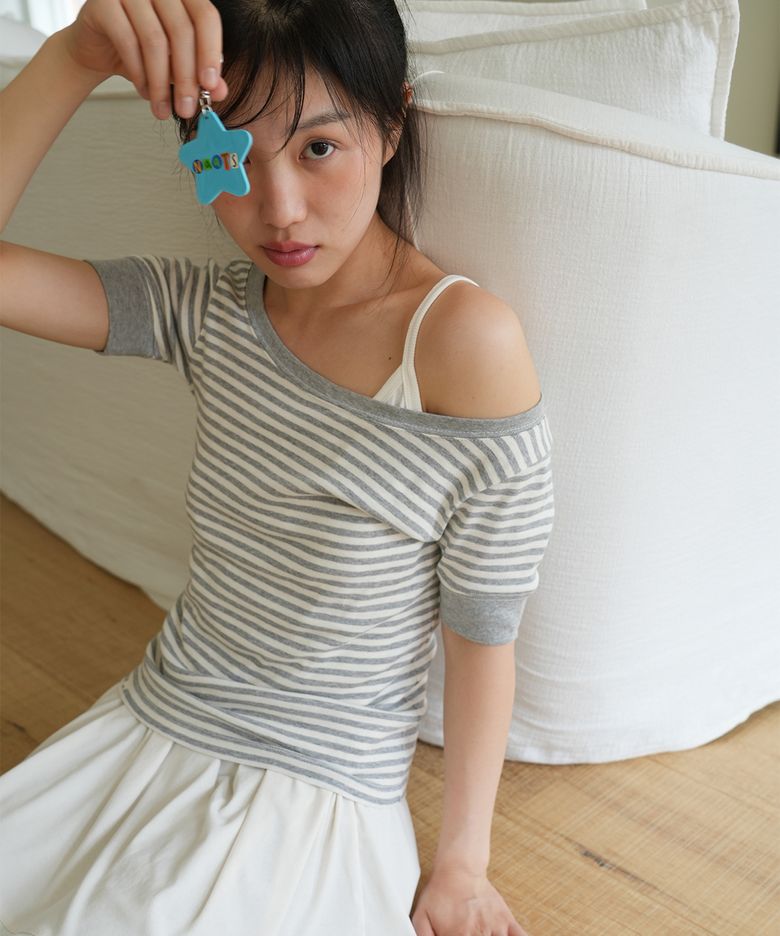 Stripe boat neck t-shirt, melange gray
