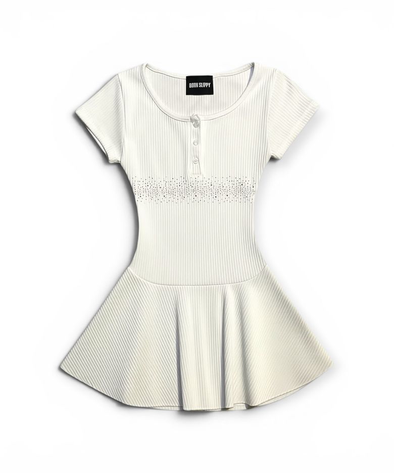 Crystal Line Henley Skater Mini Dress (Milk Cream)