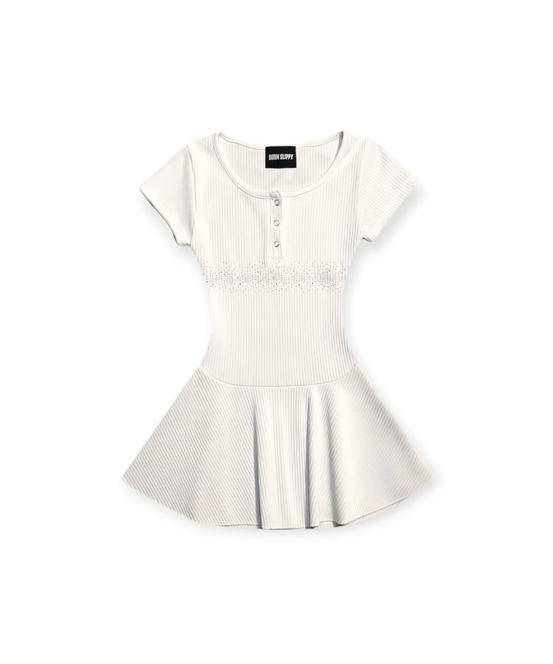 Crystal Line Henley Skater Mini Dress (Milk Cream)