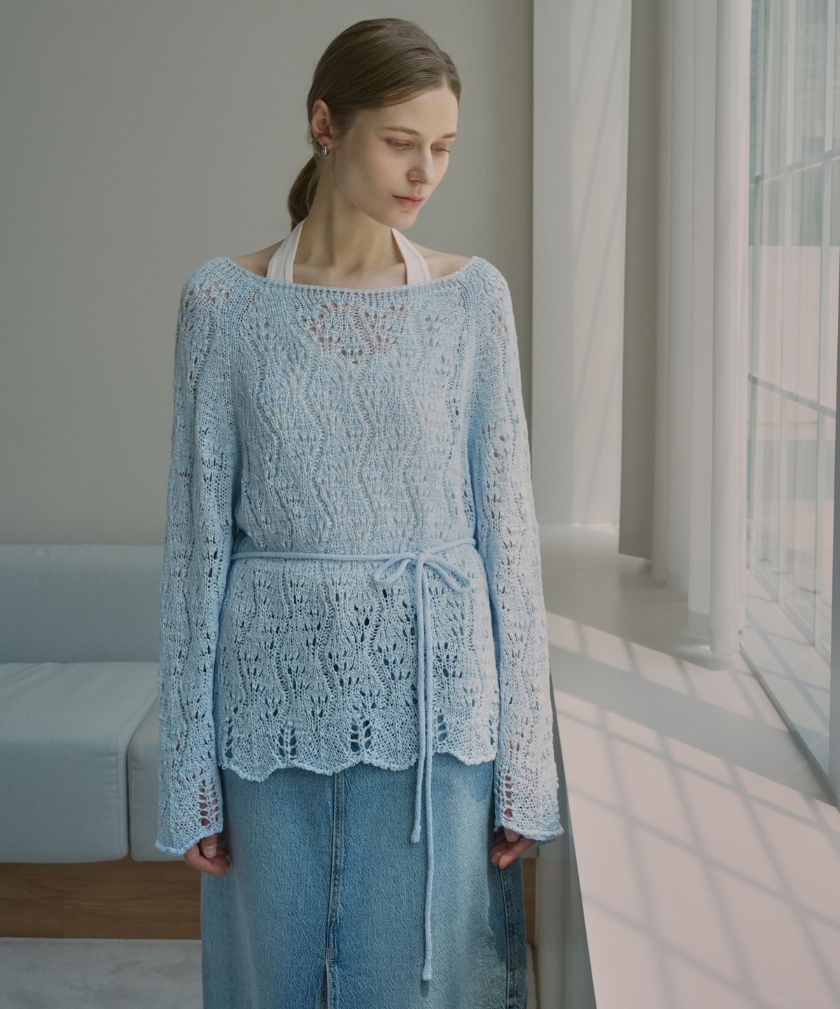 블레티(VLETI) Contrast Neck Raglan Wave Trim Knit & Waist Strin (sky blue)