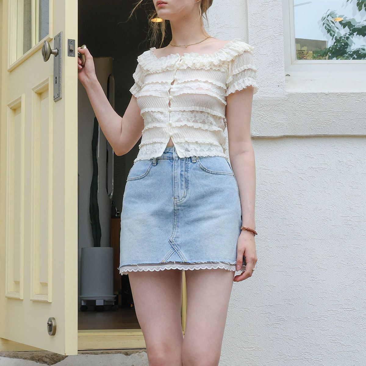 던드롭(DUNDROP) DD_Denim lace hem mini skirt_BLUE
