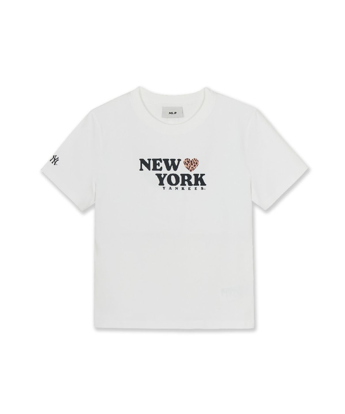 엠엘비(MLB) 여성 레오파드 하트 레터링 슬림 세미 크롭 반팔 티셔츠 NY (White)