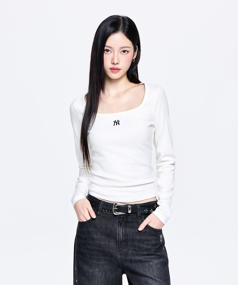 여성 베이직 슬림 세미크롭 스퀘어넥 긴팔 티셔츠 NY (Cream)