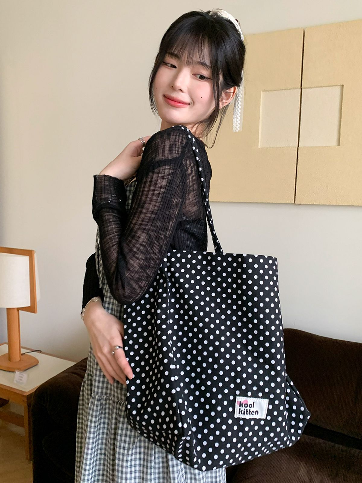 쿨키튼(KOOLKITTEN) NY 믹스 도트 쇼퍼백 (BLACK)