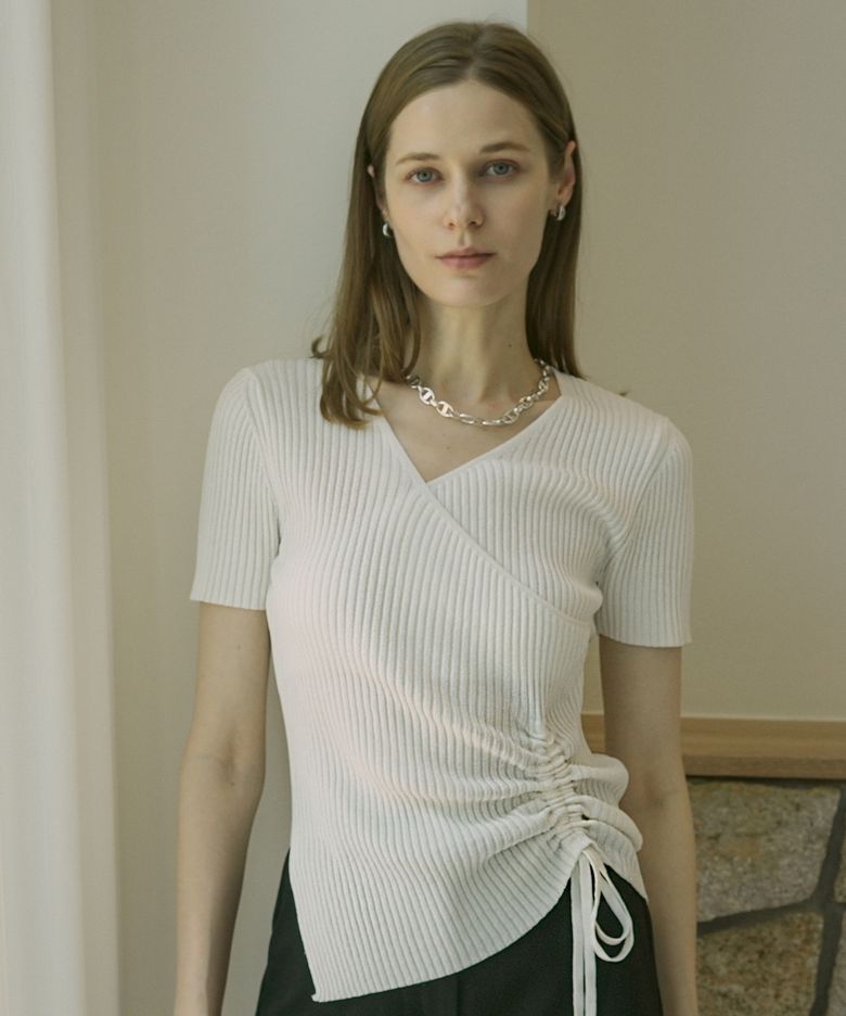 Viscose Wrap-Style V-Neck Shirring Ribbed Knit (ivory)