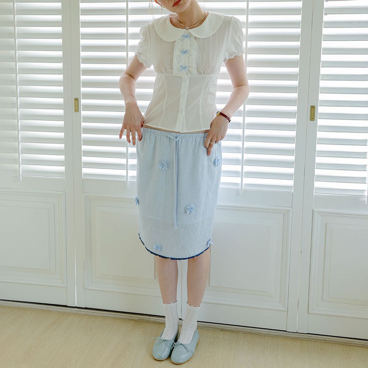 쎄무아듀(CEST MOIDEW) Cest_Blue check flower bow skirt