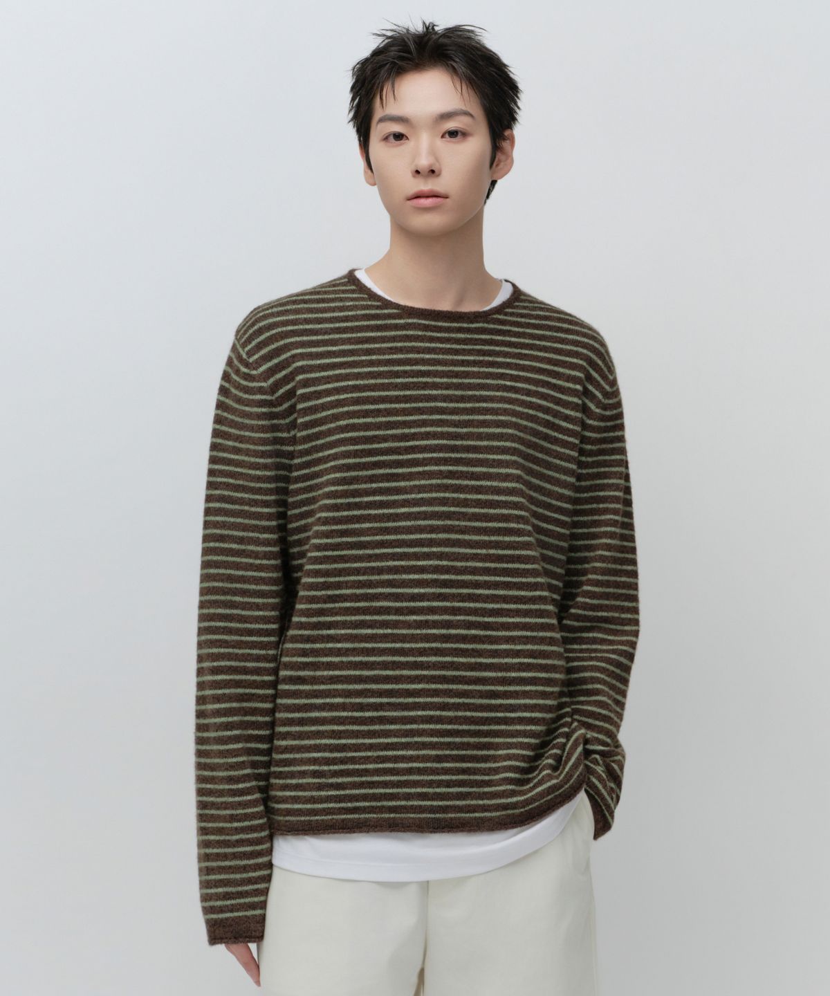 무신사 스탠다드(MUSINSA STANDARD) 헤어리 스트라이프 크루 넥 니트 [브라운]