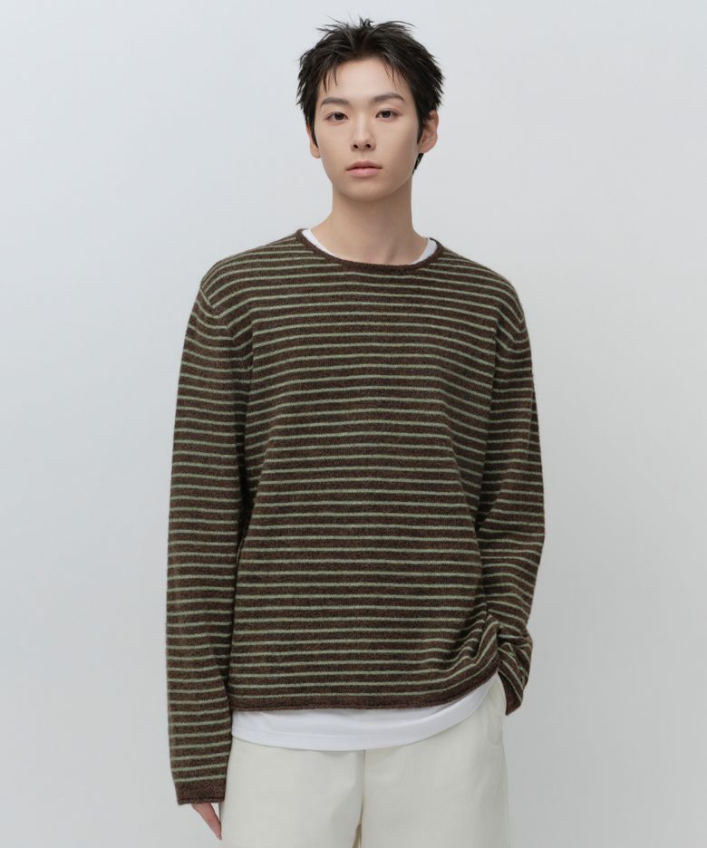 [이도현 PICK] 헤어리 스트라이프 크루 넥 니트 [브라운]