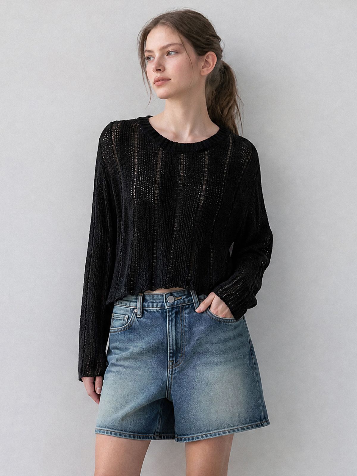 스테이 위드 미(STAY WITH ME) 로우게이지 써머 니트_BLACK