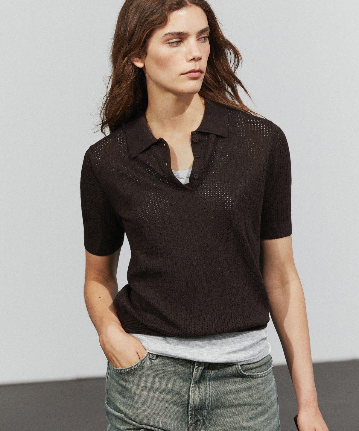 마시모두띠(MASSIMO DUTTI) 오픈워크 코튼 블렌드 폴로셔츠