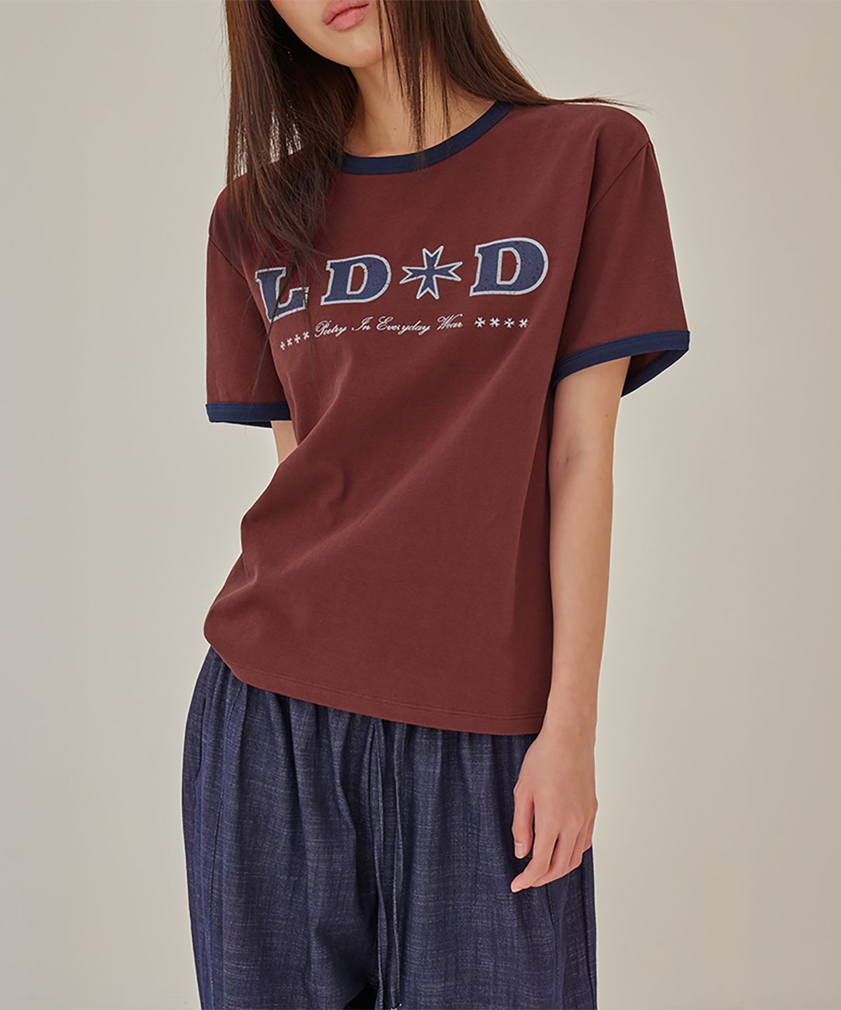 런던다다(LONDONDADA) LDD Vintage Star Ringer T-Shirt, BURGUNDY