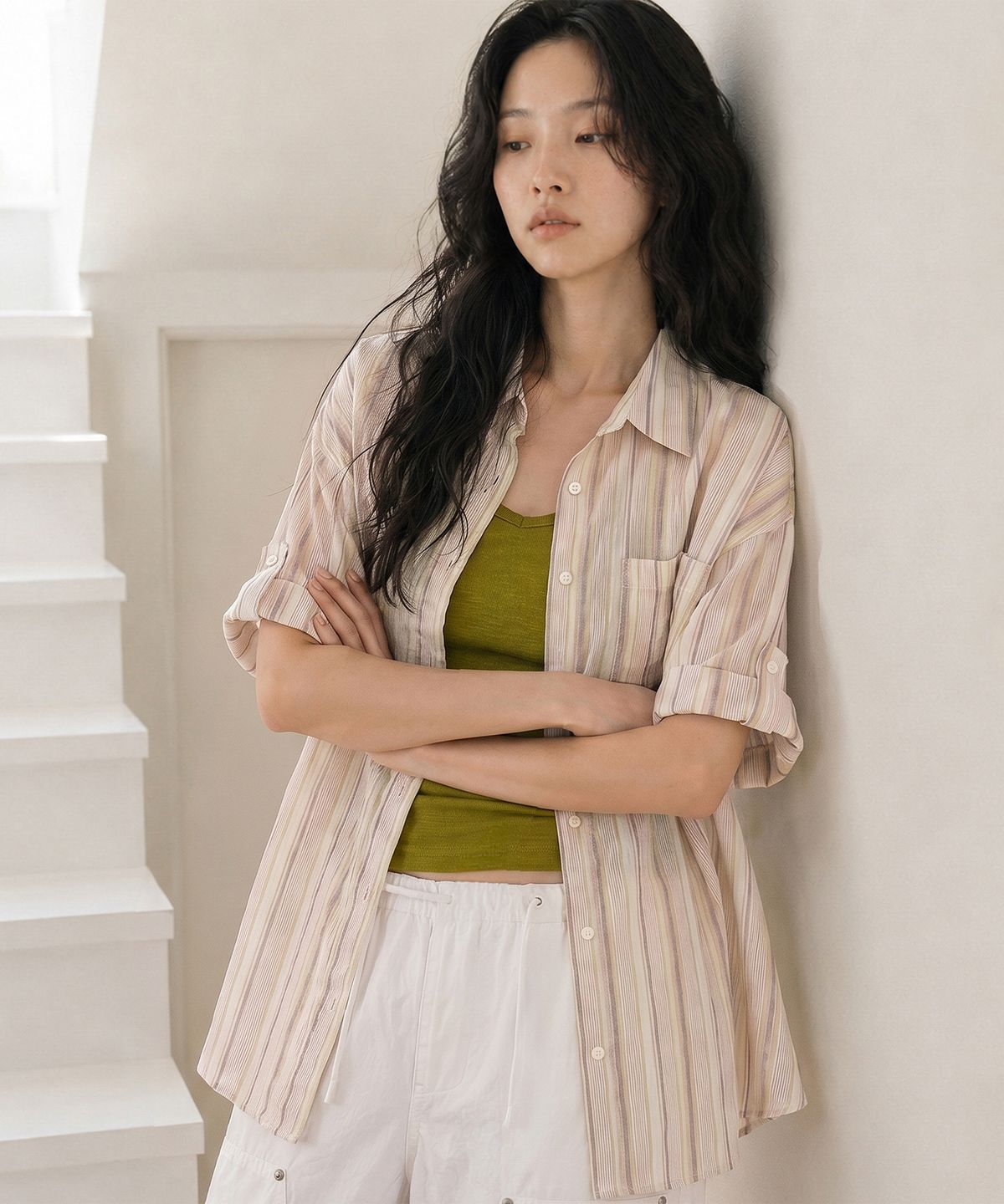 탑걸(TOPGIRL) 에스닉 스트라이프 박시 롤업 블라우스_T611TP211