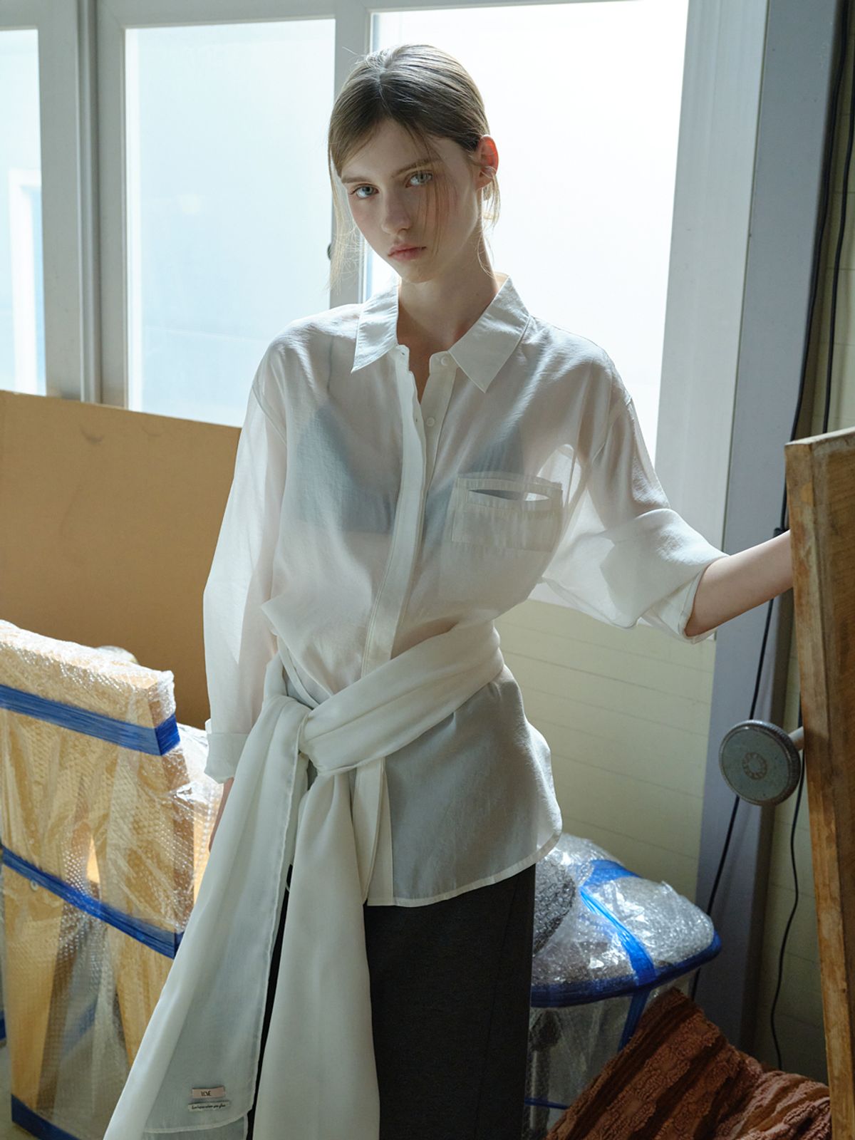 엘씨브이(LCVE) SHEER TENCEL BELT SHIRT_SKYBLUE [2COLORS]