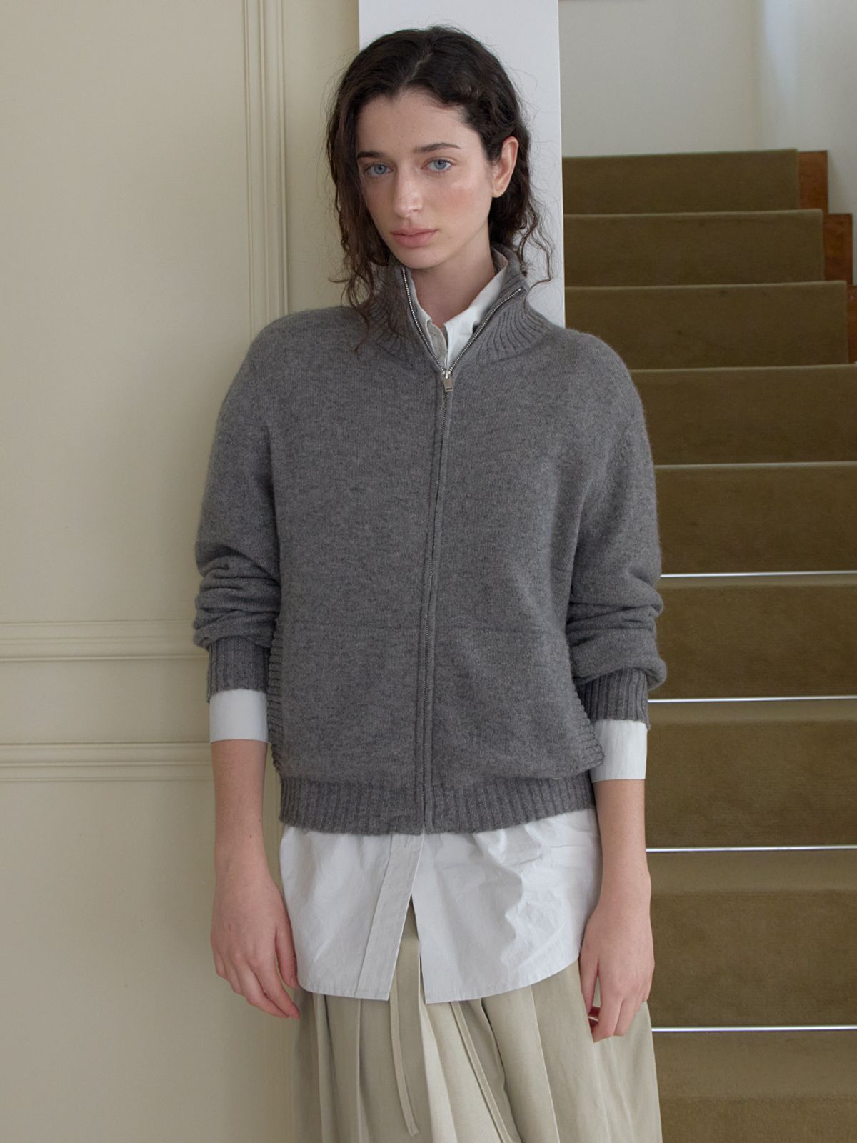 엘씨브이(LCVE) WOOL ZIP-UP KNIT CARDIGAN_GRAY