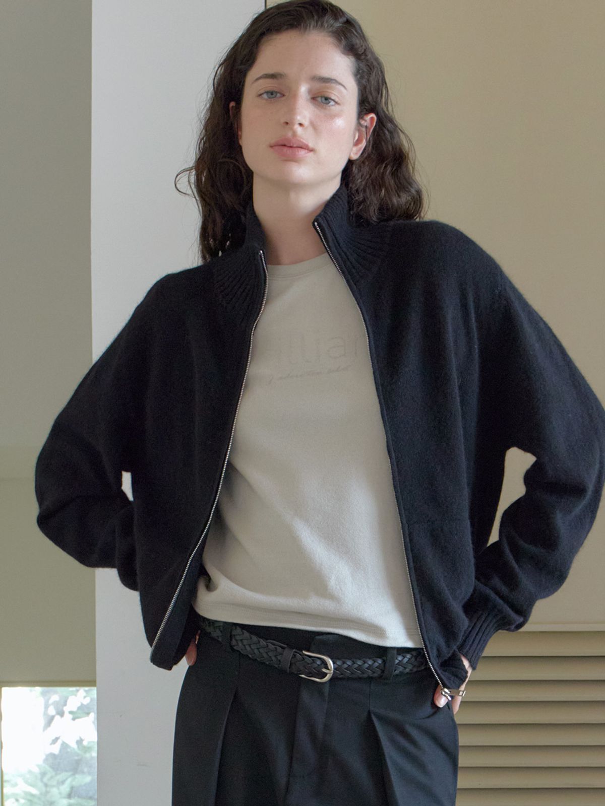 엘씨브이(LCVE) WOOL ZIP-UP KNIT CARDIGAN_BLACK