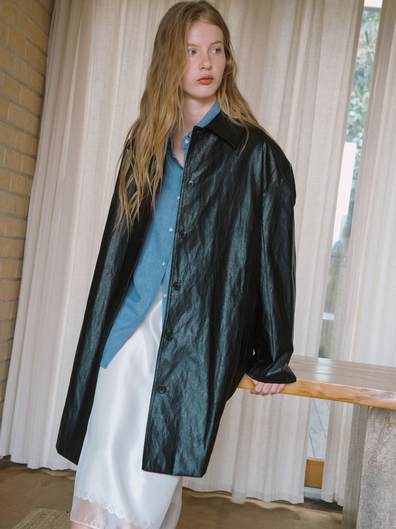SINGLE LEATHER LONG COAT_BLACK
