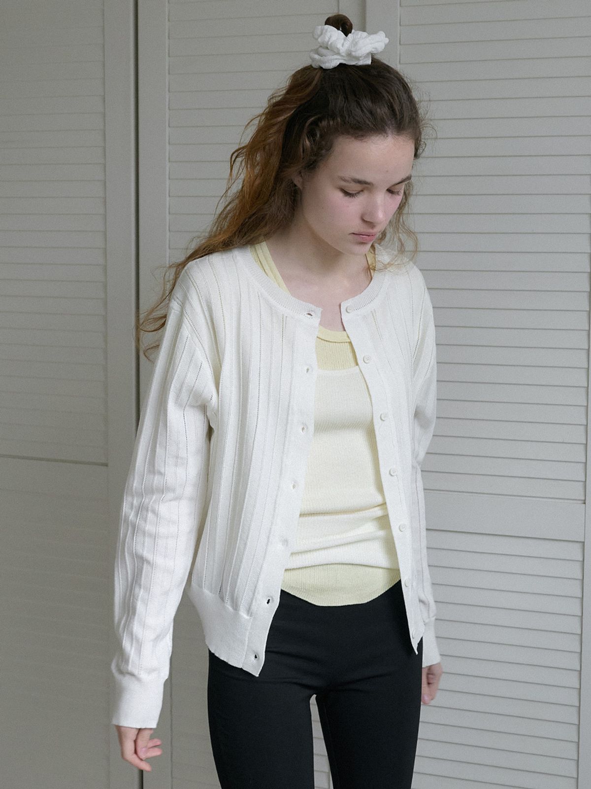 엘씨브이(LCVE) EYELET STITCH KNIT CARDIGAN_IVORY