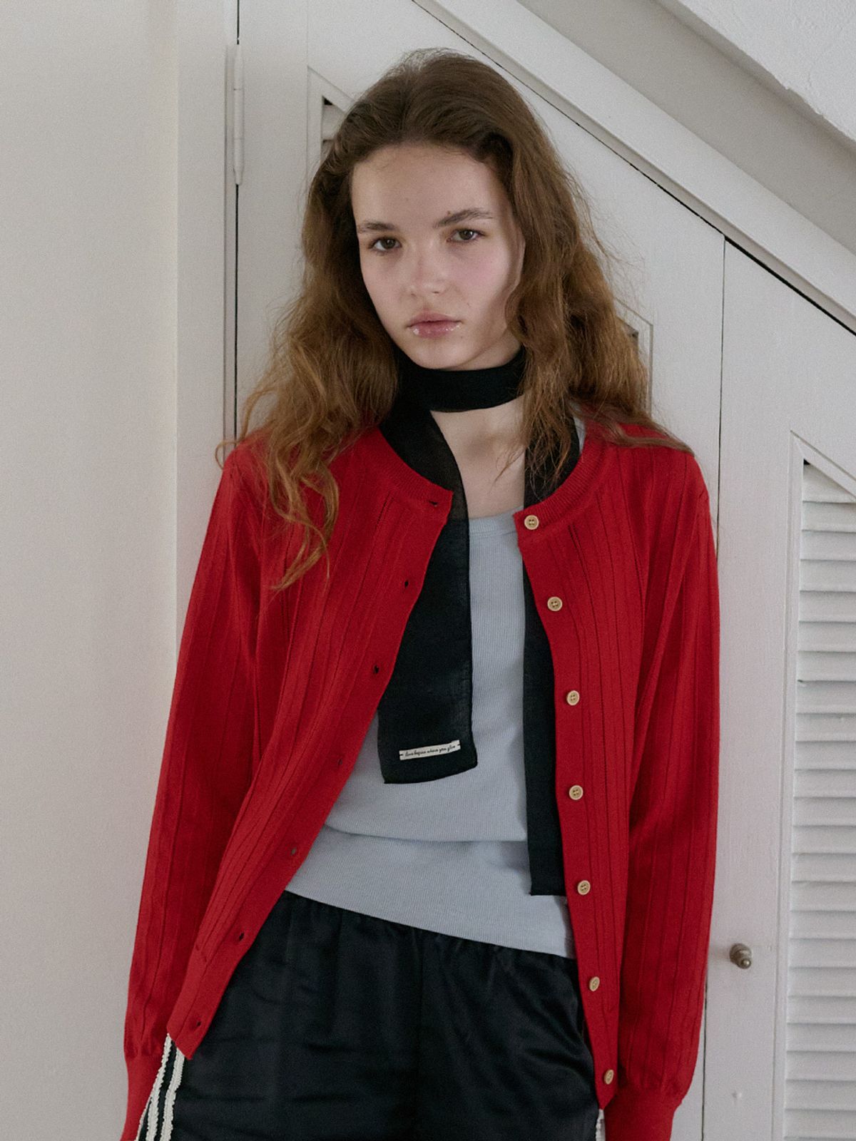 엘씨브이(LCVE) EYELET STITCH KNIT CARDIGAN_RED