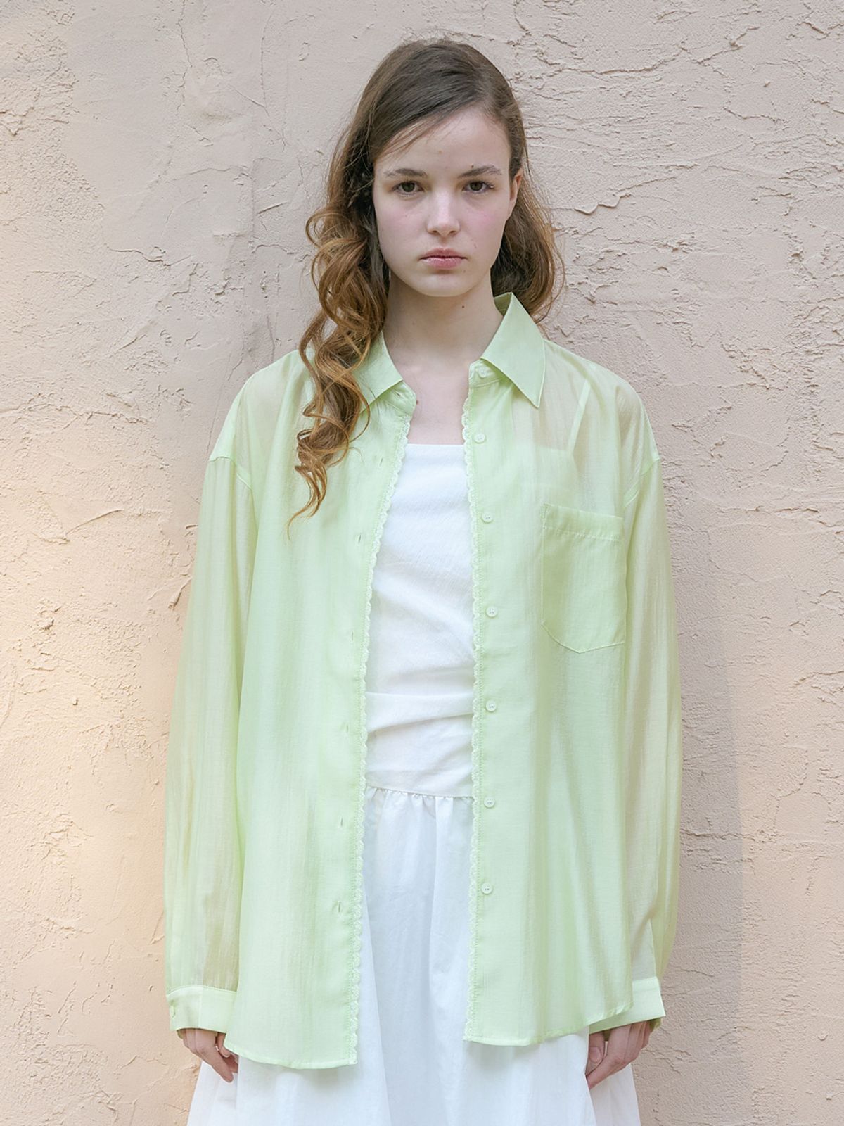 엘씨브이(LCVE) SEE-THROUGH TENCEL SILKY SHIRT_LIME