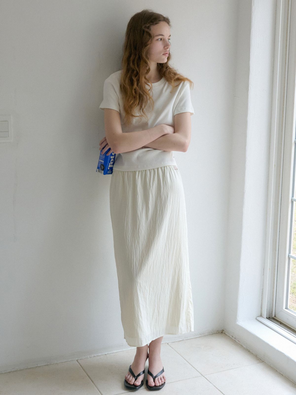 엘씨브이(LCVE) SHIRRED WAIST MIDI SKIRT_IVORY