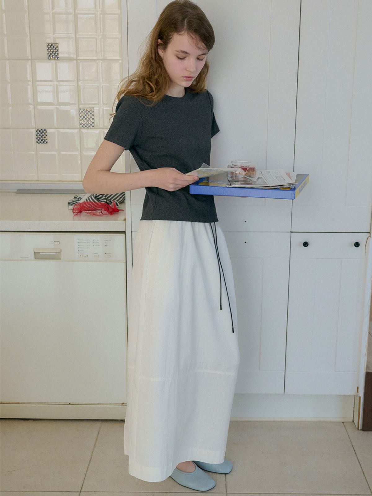 엘씨브이(LCVE) DRAWSTRING MAXI LONG SKIRT_IVORY