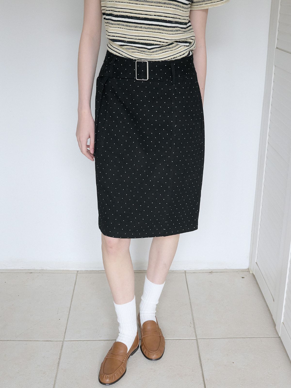엘씨브이(LCVE) POLKA DOT BELTED SKIRT_BLACK