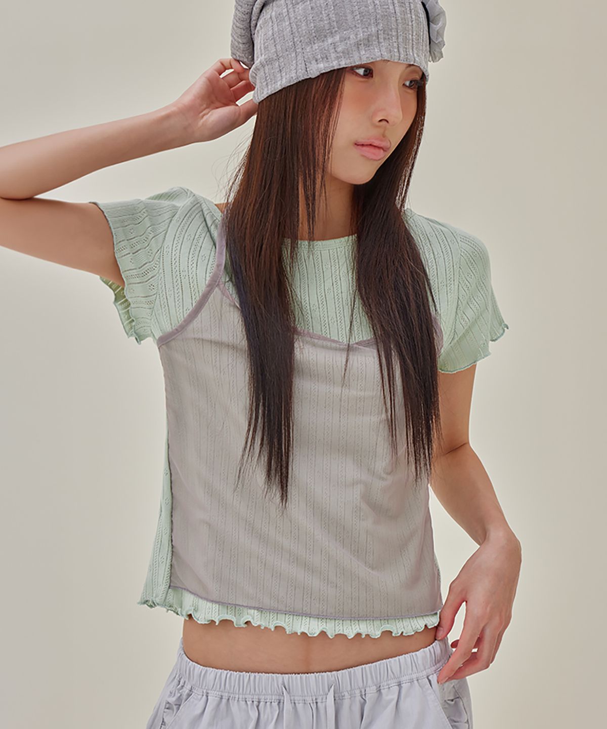 런던다다(LONDONDADA) Mesh Halter Layered T-Shirt, SAGE GREEN