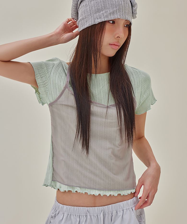 Mesh Halter Layered T-Shirt, SAGE GREEN