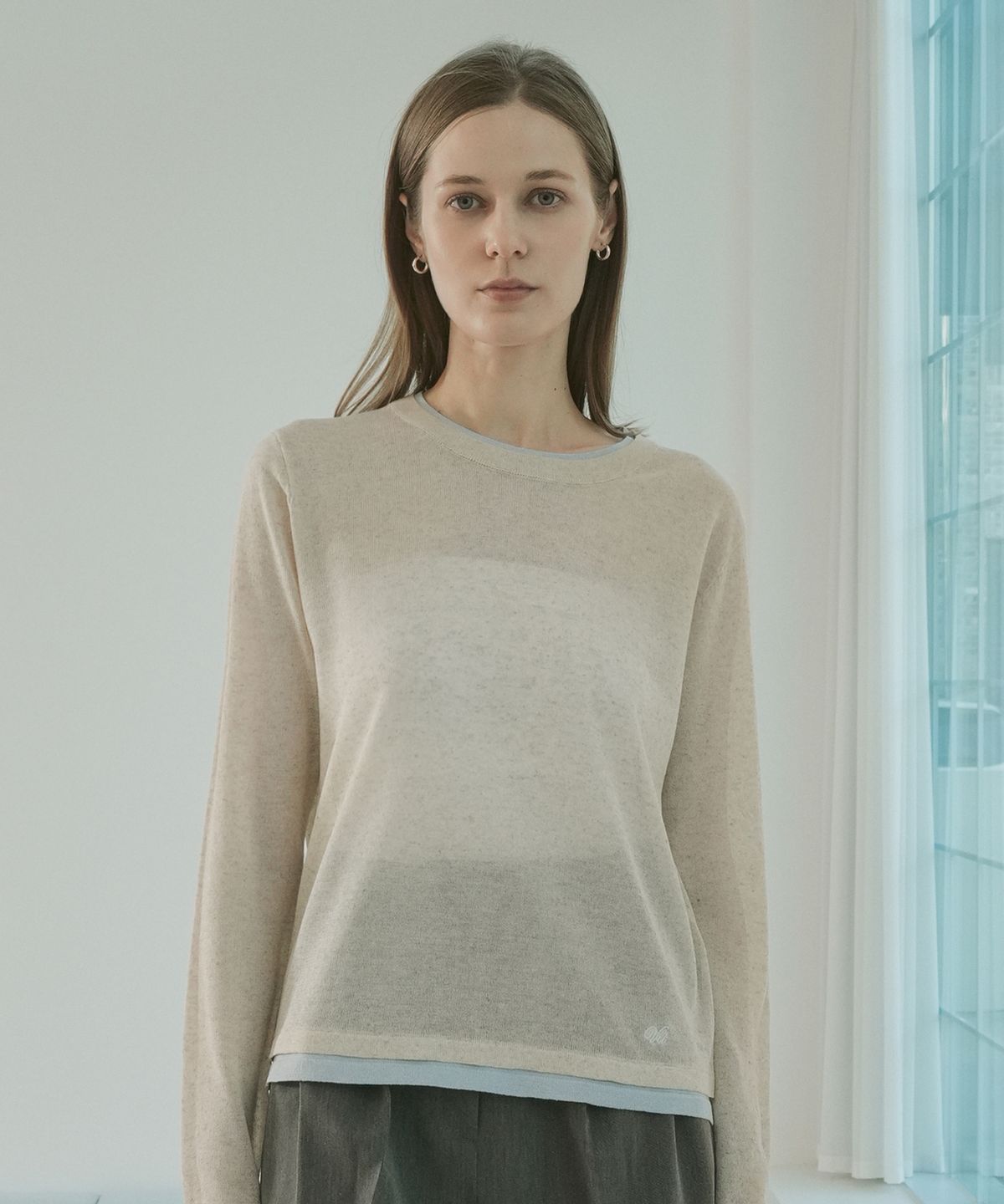 블레티(VLETI) Linen Blend Contrast Layered Embroidery Knit (linen)