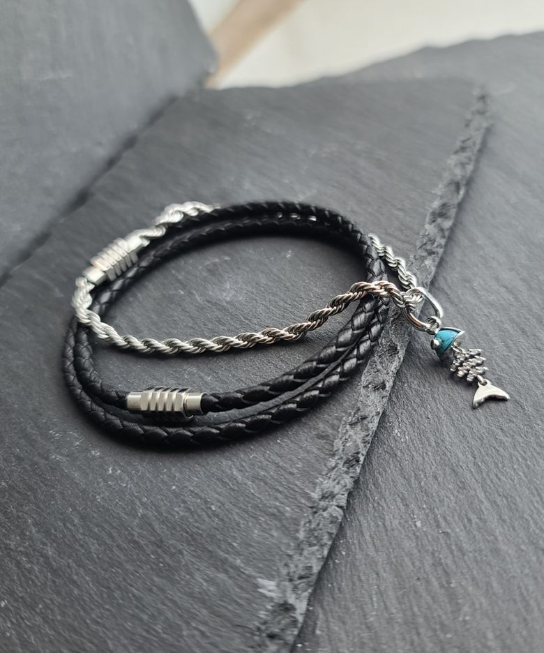 원샷 스타일링 3WAY 925 Sterling Silver 블루 피쉬본 웨이브 펜던트 팔찌