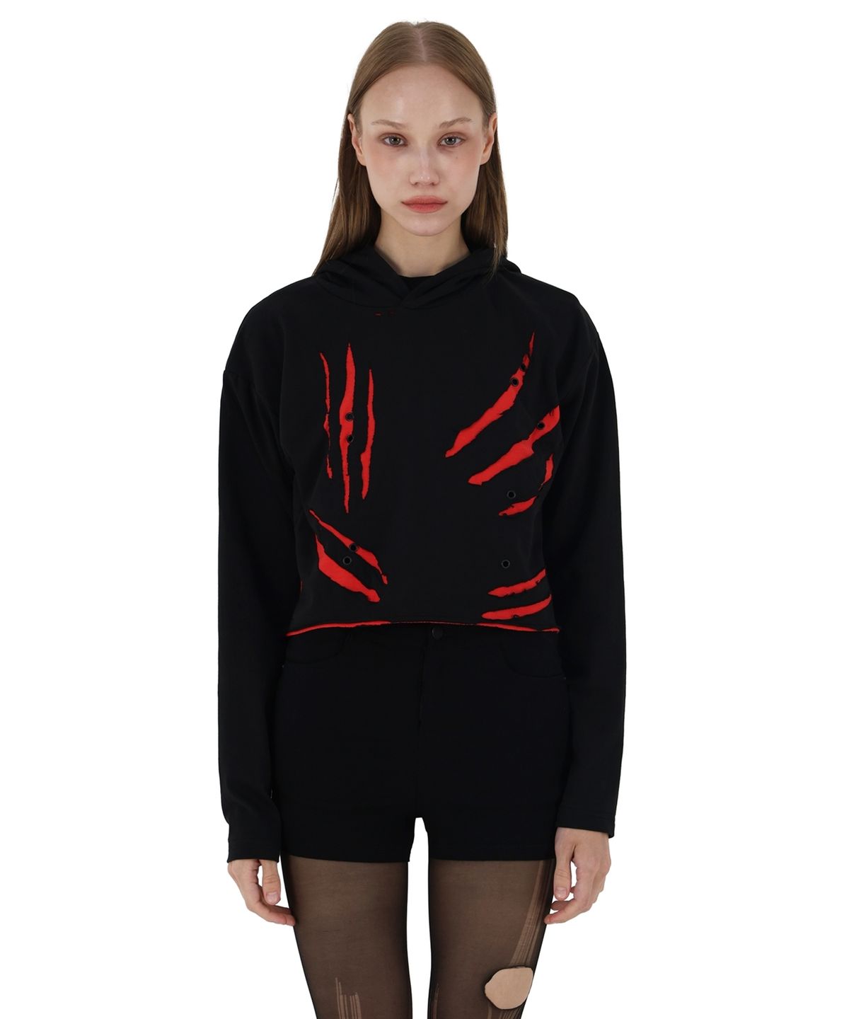 언어더컬러(ANOTHER COLOR) Damage Crop Hoodie (Inspired by war)