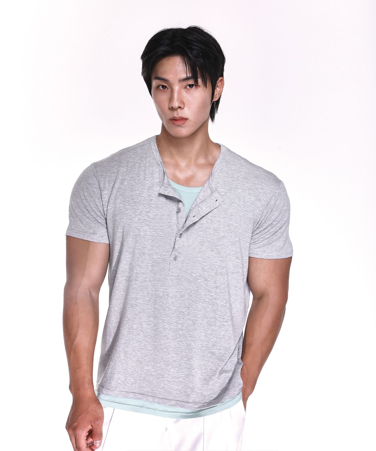 알브이디(RVD) 레이어드 소프트터치 헨리넥 머슬핏 반팔티 (멜란지그레이)