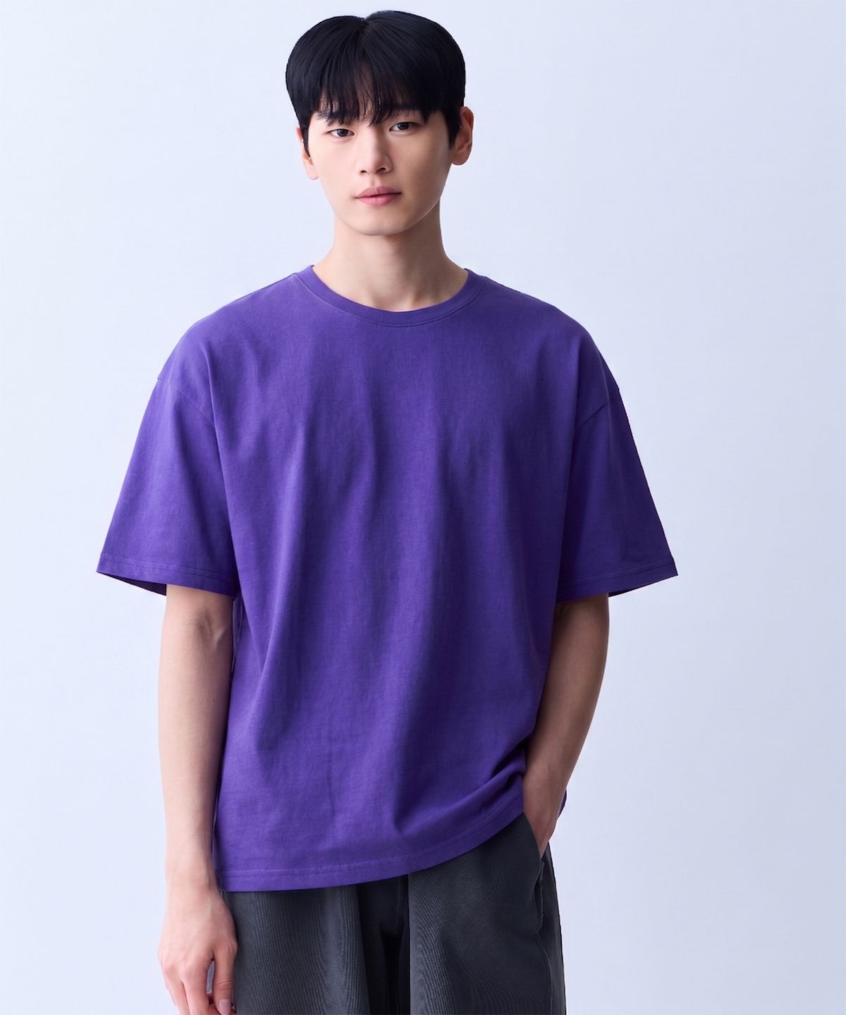 에이던엠(ADERNM) 더블 스티치 넥바인딩 미니멀 티셔츠 퍼플
