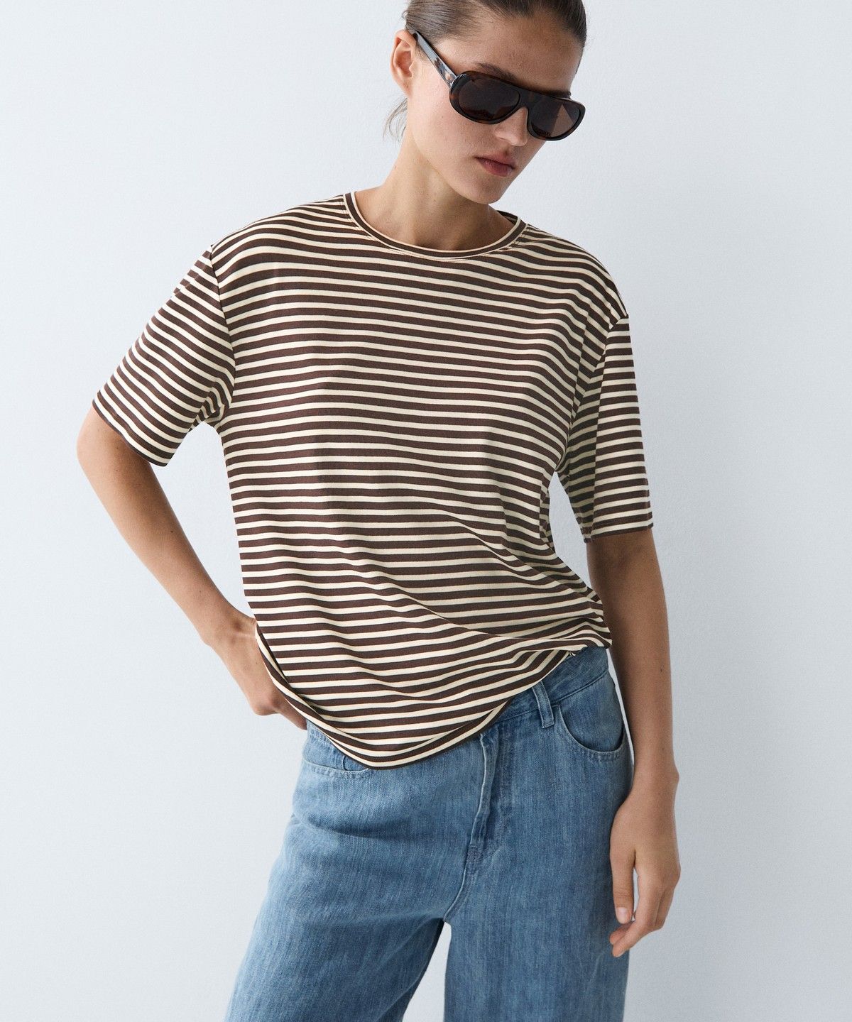 마시모두띠(MASSIMO DUTTI) 100% 코튼 스트라이프 반팔 티셔츠