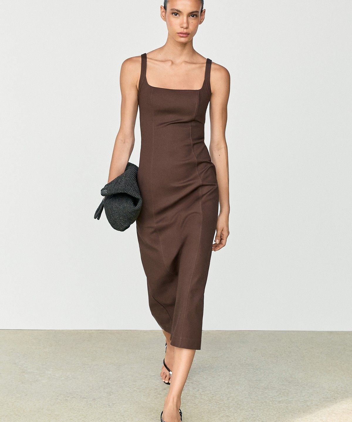 마시모두띠(MASSIMO DUTTI) 면 혼방 스트랩 미디 원피스