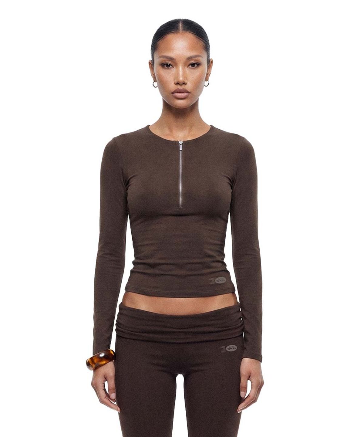 배드블러드(BADBLOOD) Everyday Zip Henley Long Sleeve T-Shirt - Brown