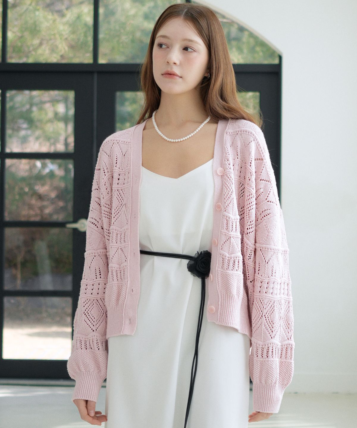 블레티(VLETI) [Cotton 100%] Pointelle V-Neck Cardigan (light pink)