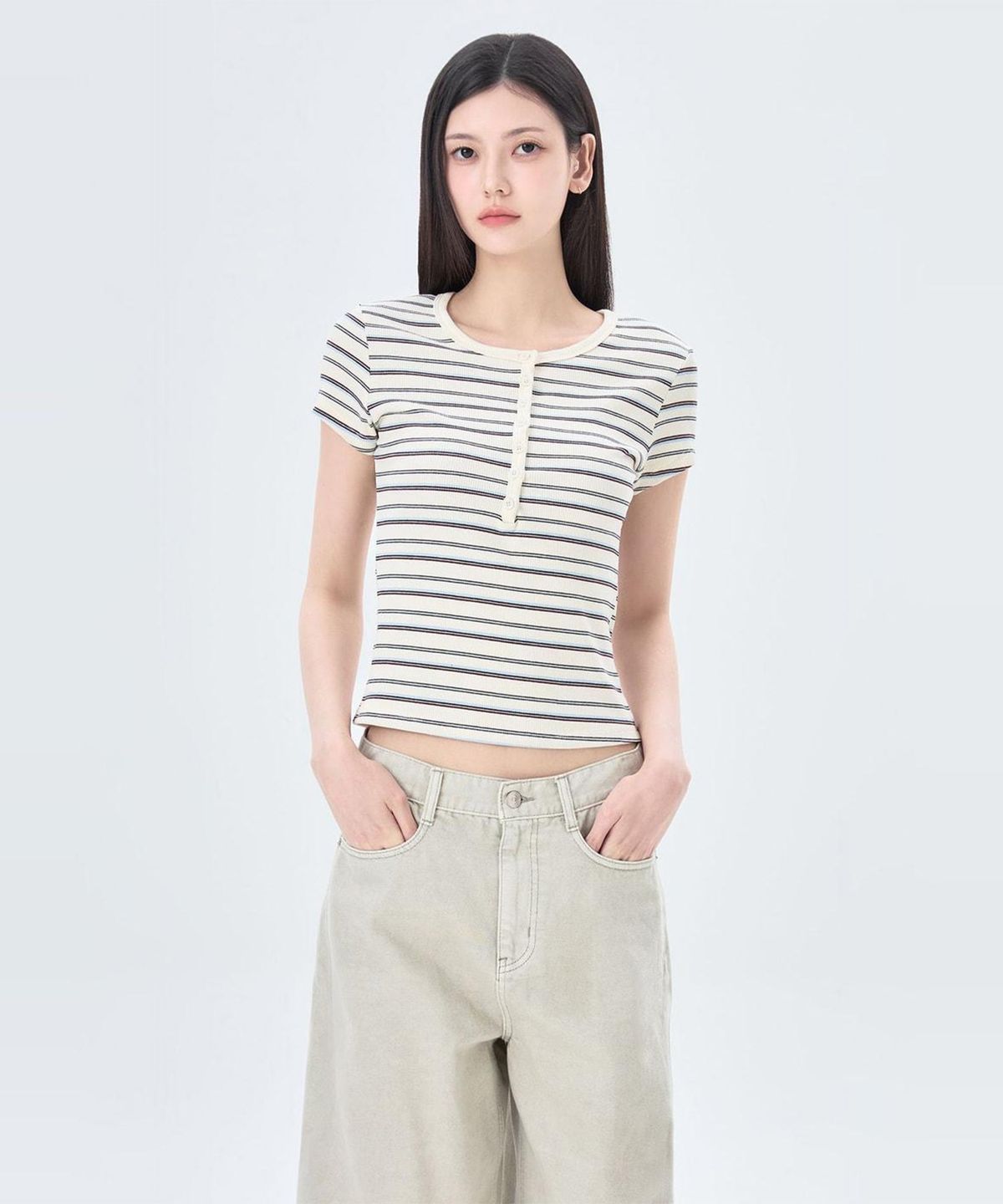 미쏘(MIXXO) 스트라이프 버튼업 반팔 티셔츠_MIWHWG95SS