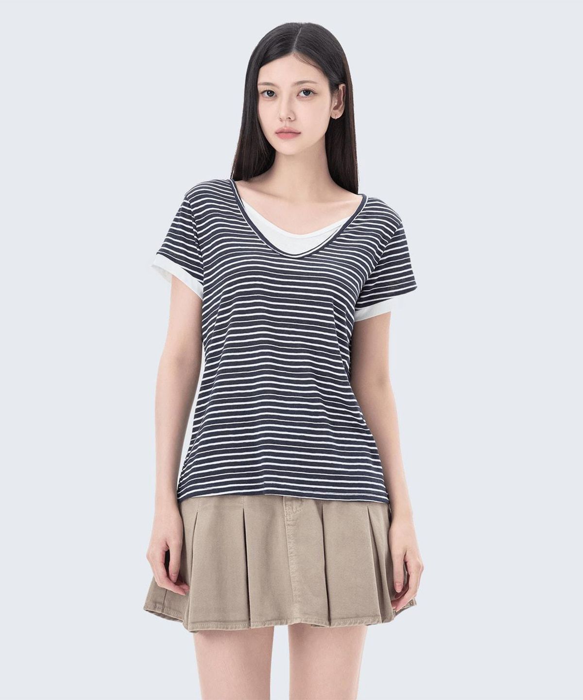 미쏘(MIXXO) 스트라이프 레이어드 반팔 티셔츠_MIWHWG98AA