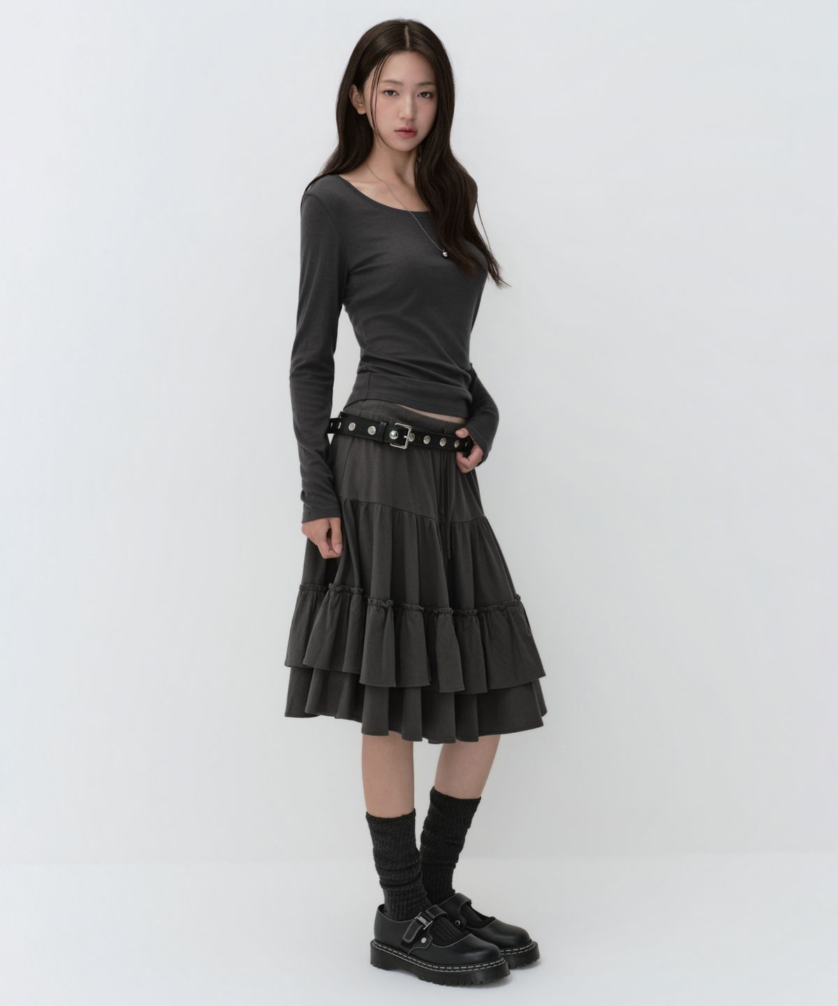 무신사 스탠다드 우먼(MUSINSA STANDARD WOMAN) 우먼즈 저지 티어드 니 렝스 스커트 [그레이]