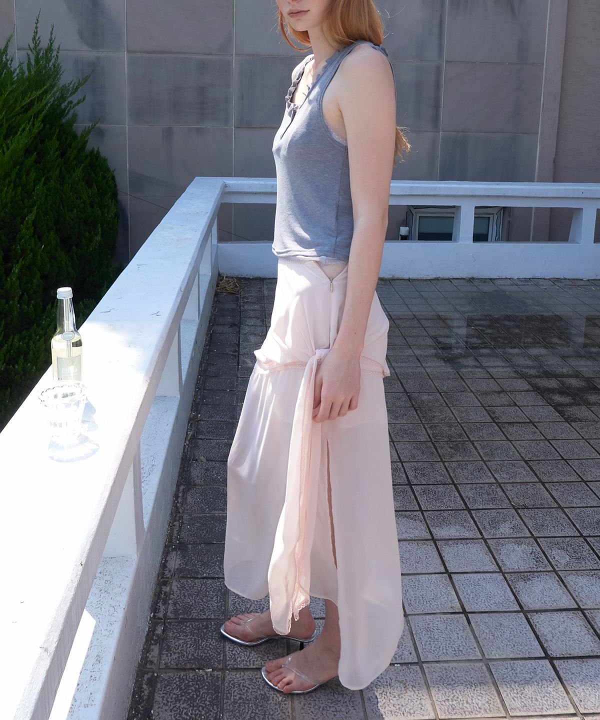 앤테(AENTE) Lace Layered Chiffon Skirt - Light Pink