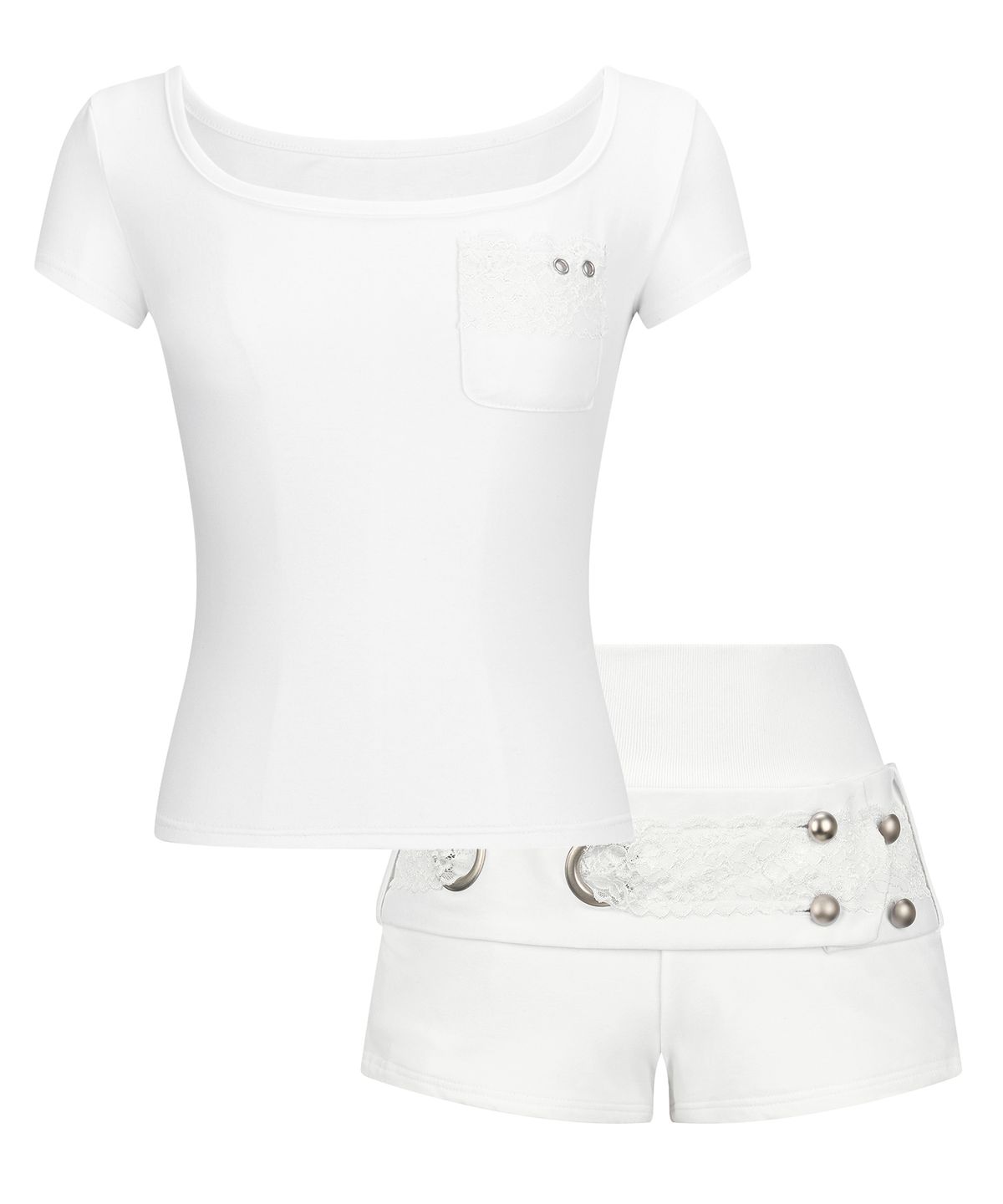 일리오(ILLIO) [SET] White Square Neck Lace Pocket T-shirt + Lace Belted Shorts