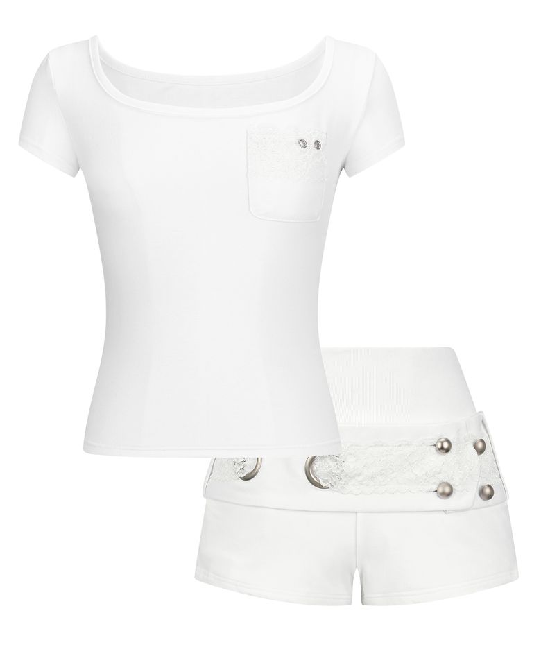 [SET] White Square Neck Lace Pocket T-shirt + Lace Belted Shorts