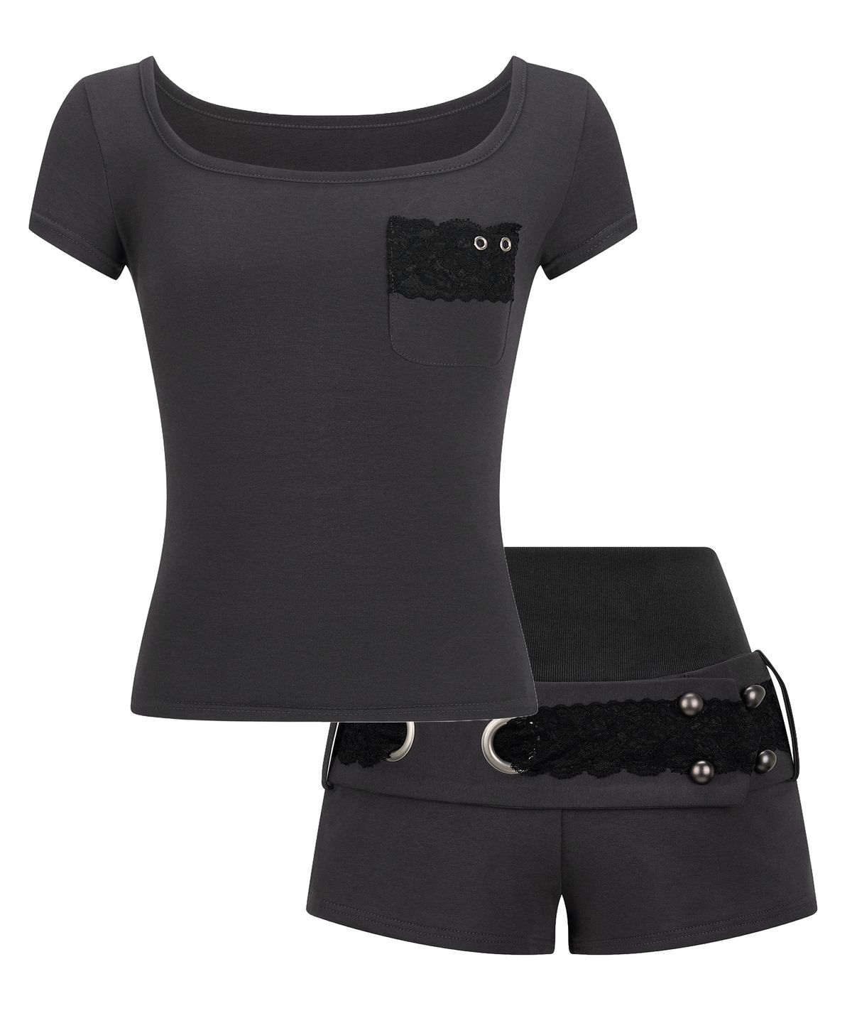일리오(ILLIO) [SET] Charcoal Square Neck Lace Pocket T-shirt + Lace Belted Shorts
