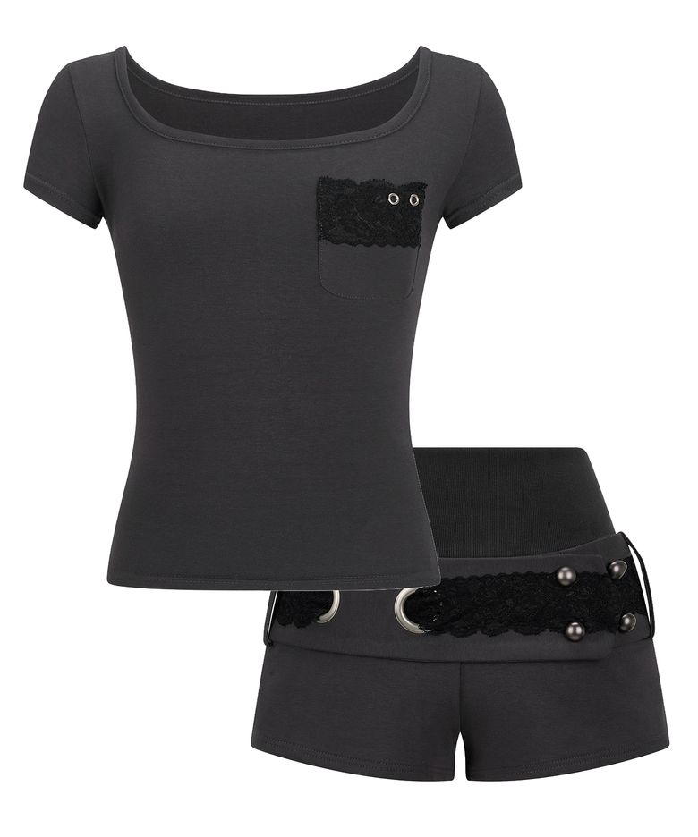[SET] Charcoal Square Neck Lace Pocket T-shirt + Lace Belted Shorts