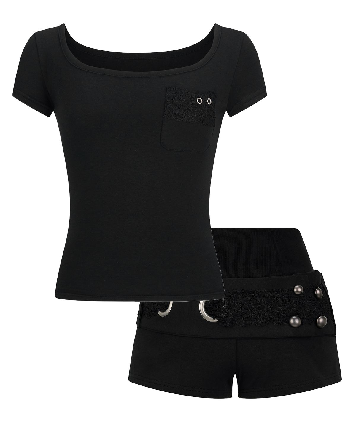 일리오(ILLIO) [SET] Black Square Neck Lace Pocket T-shirt + Lace Belted Shorts